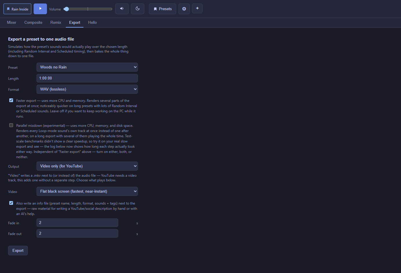 The Export tab: preset picker, length, format, and video options