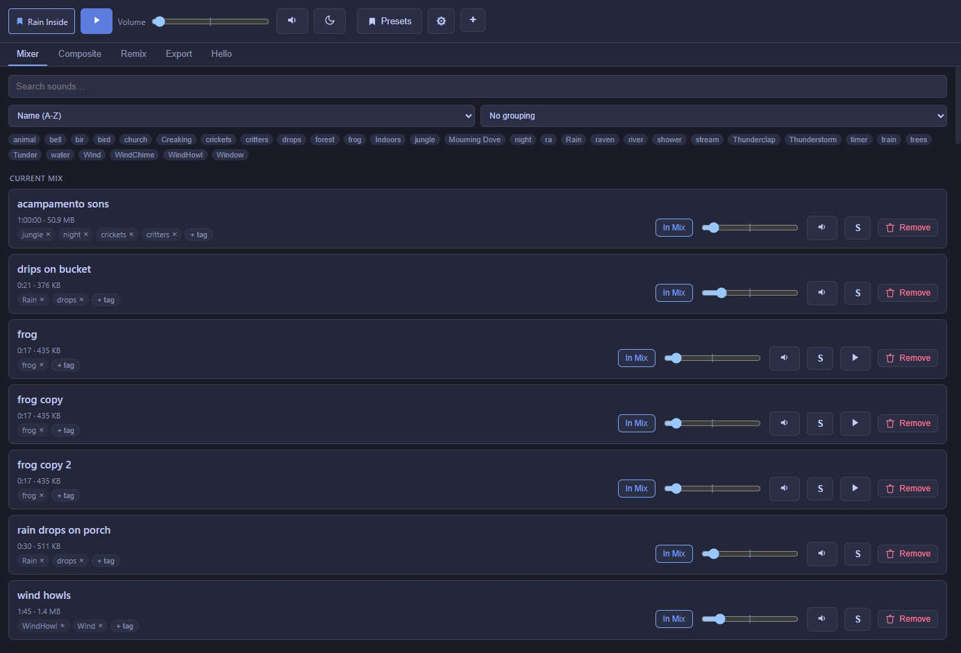 Noctívago's Mixer tab showing a list of ambient sounds in a mix, with volume sliders and tags