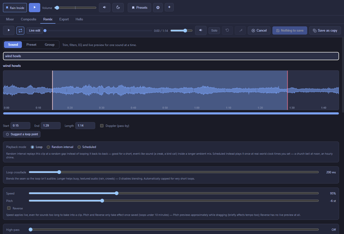The Remix tab: a waveform with trim handles, and filter/EQ controls below it